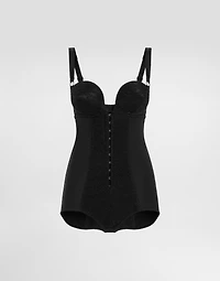 Lace and elasticated fabric bodysuit with deep neckline conical cups