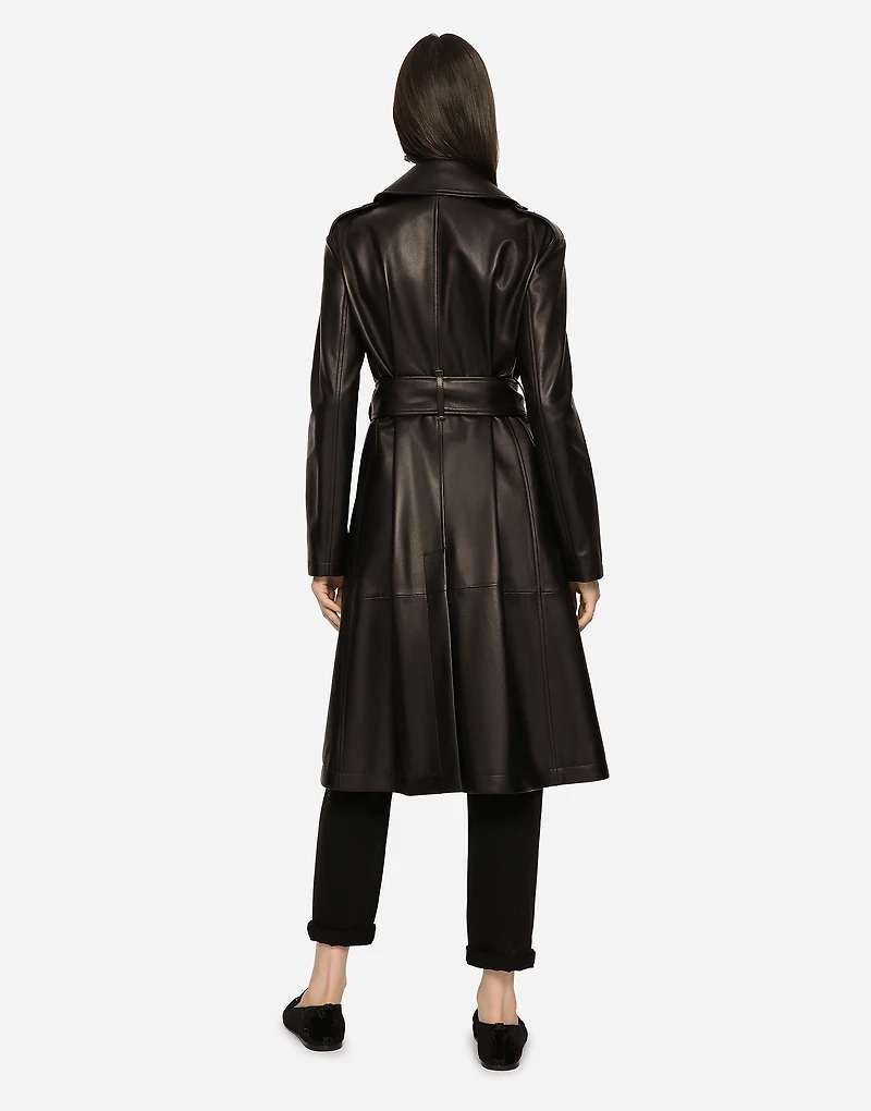 Belted double-breasted leather coat
