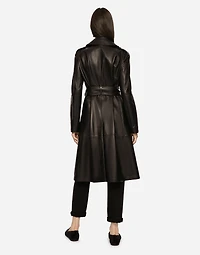 Belted double-breasted leather coat