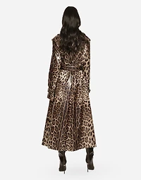 Leopard-print coated sateen trench coat