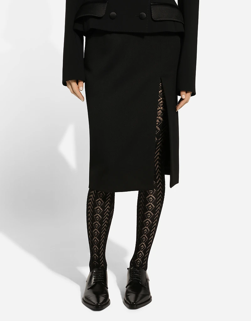 Calf-length wool gabardine skirt with slit