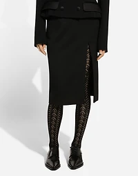 Calf-length wool gabardine skirt with slit