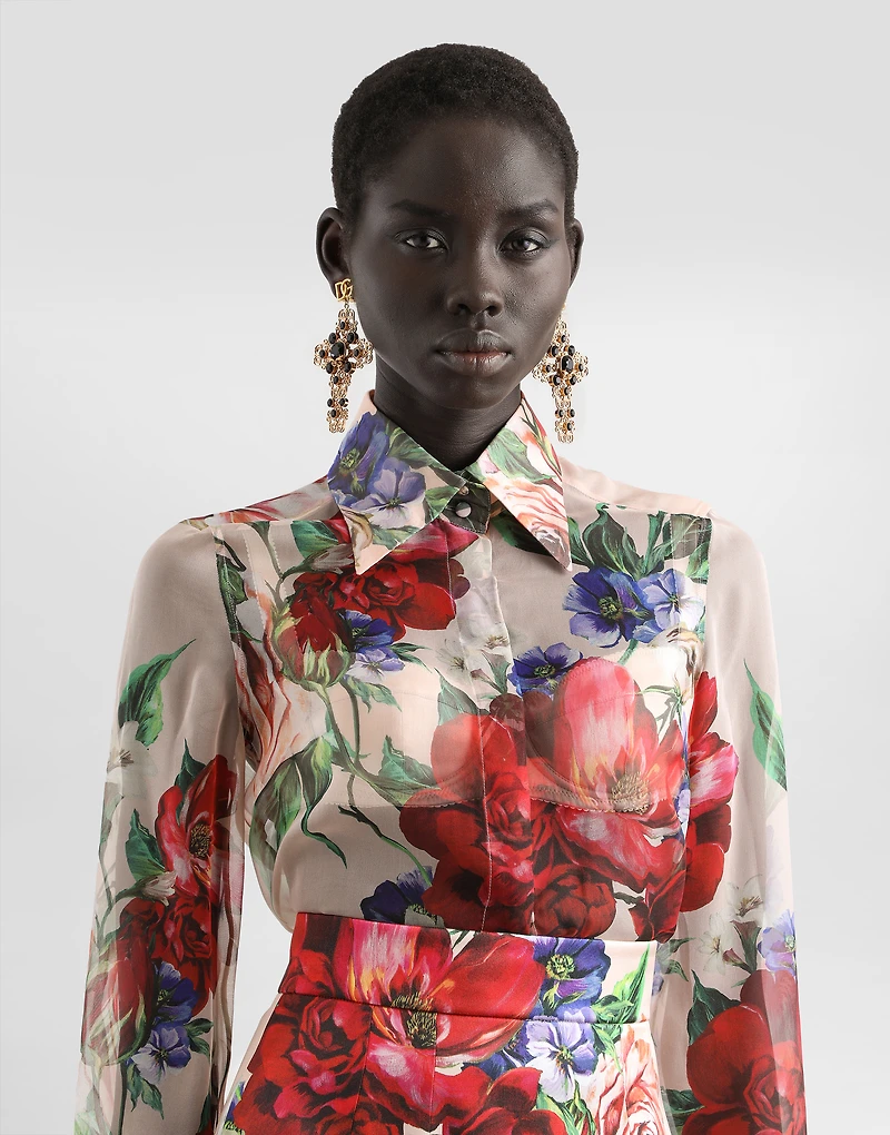 Long-sleeved floral-print chiffon shirt