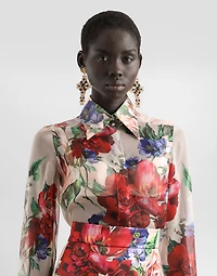 Long-sleeved floral-print chiffon shirt