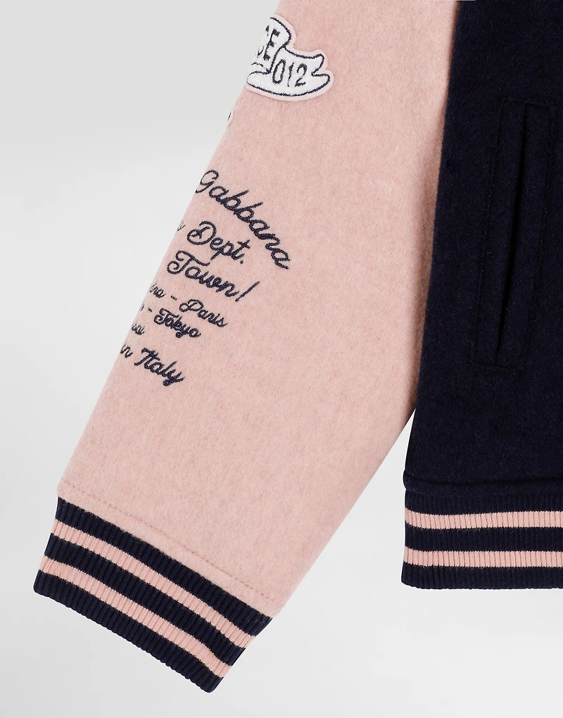 Long cloth bomber jacket with patch