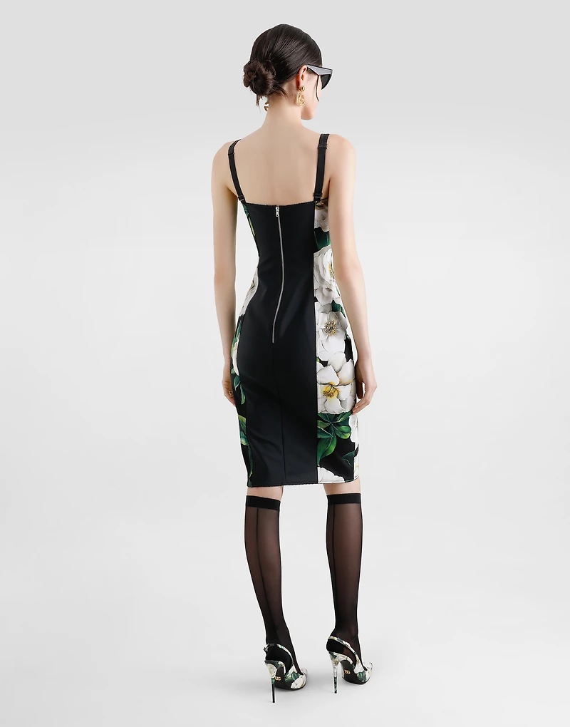 Stretch marquisette midi dress with gardenia print