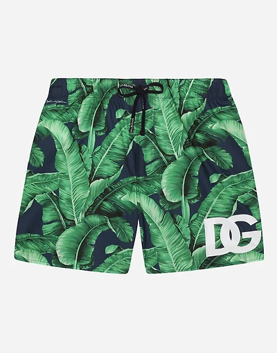 Nylon swim trunks with banana tree print