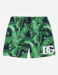 Nylon swim trunks with banana tree print