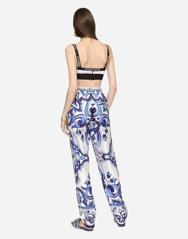 Silk twill pants with majolica print
