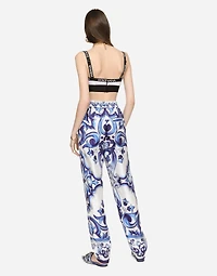 Silk twill pants with majolica print