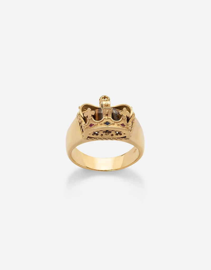 Royal Ring 18-carat yellow gold, tiger iron, rubies, and blue sapphire