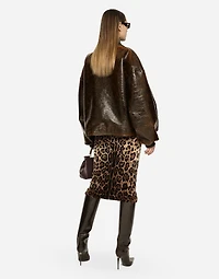 Chenille calf-length skirt with jacquard leopard design