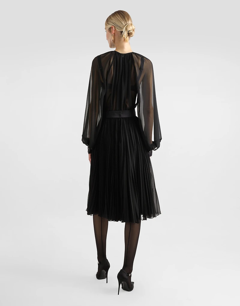 Calf-length babydoll dress with pleated skirt