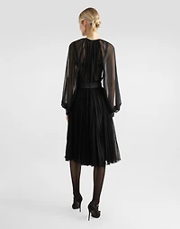 Calf-length babydoll dress with pleated skirt