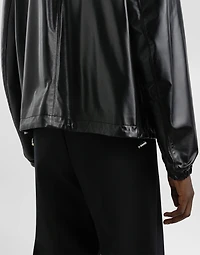 Leather and fabric jacket with reversible hood