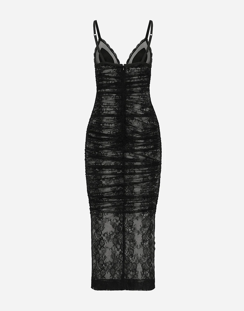 Calf-length stretch Chantilly lace slip dress