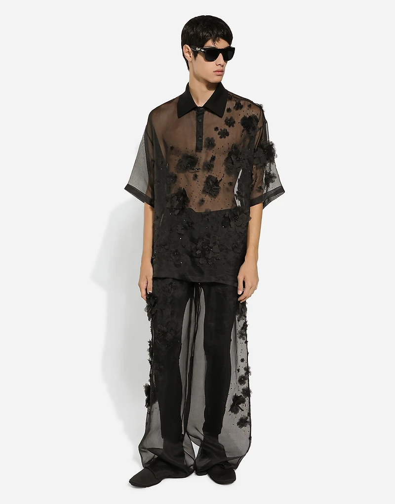 Silk organza jogging pants with embroidery