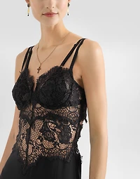 Lace and charmeuse calf-length slip dress