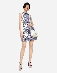Short majolica-print brocade dress
