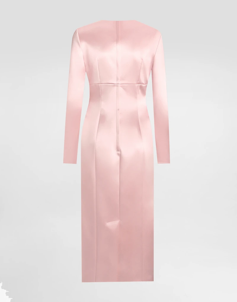 Stretch satin round-neck calf-length dress