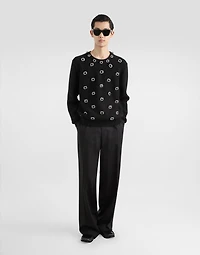 Wool round-neck sweater with embroidery and bejeweled buttons