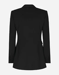 Double-breasted woolen jacket with flower appliqué