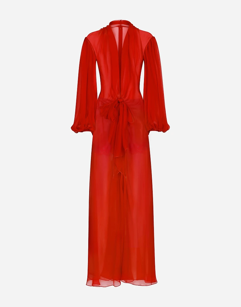 Long silk chiffon dress with bow detail