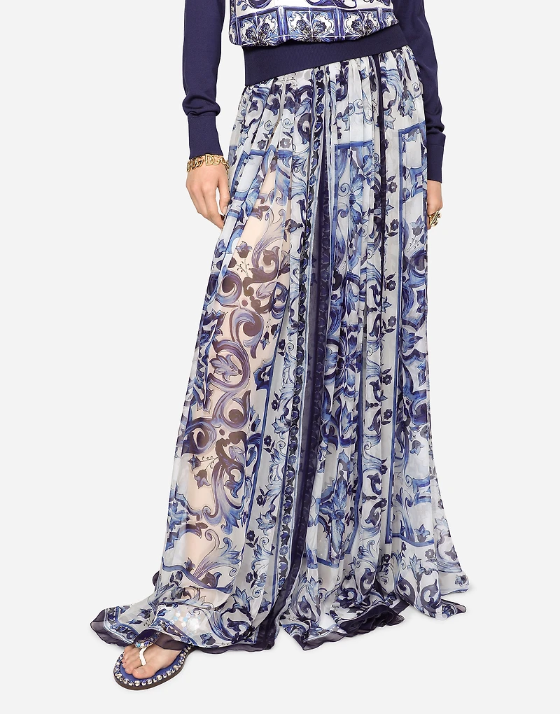 Long majolica-print chiffon skirt
