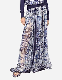 Long majolica-print chiffon skirt