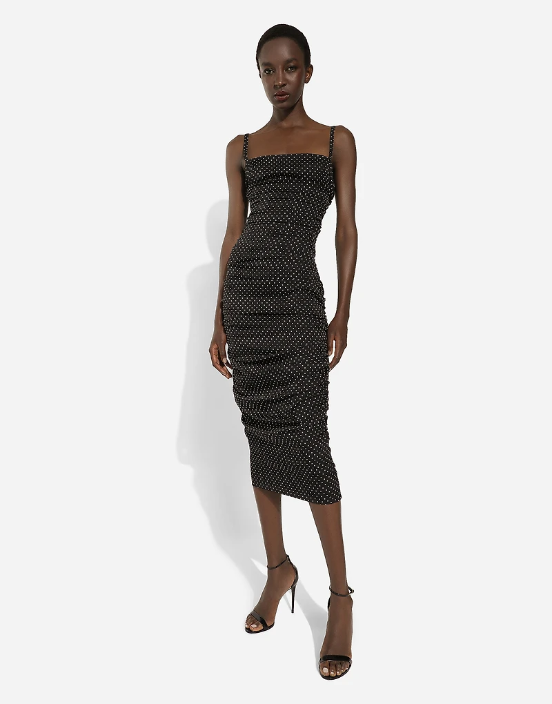 Charmeuse sheath dress with micro polka-dot print:
