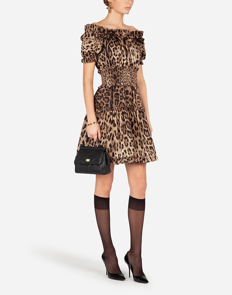 Short leopard-print poplin dress