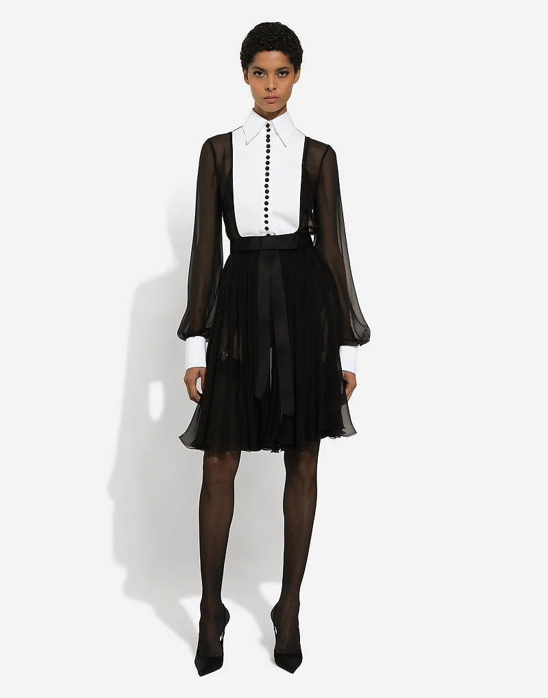 Chiffon midi shirt dress with piqué cuffs and front