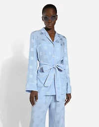 Long-sleeved silk satin jacquard pajama shirt with DG logo
