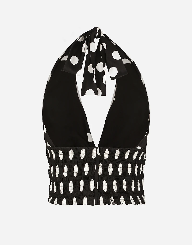Polka-dot charmeuse top with plunging neckline