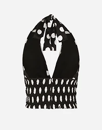 Polka-dot charmeuse top with plunging neckline