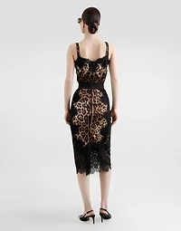 Leopard-print satin midi skirt with lace inserts