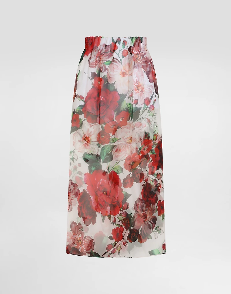 Rose-print chiffon calf-length skirt