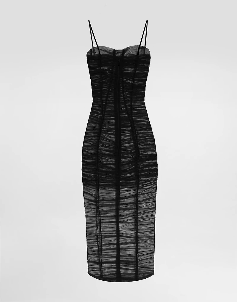 Tulle calf-length dress with draping