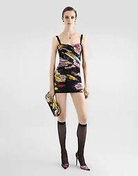 Short tulle dress with draping and peony rose print