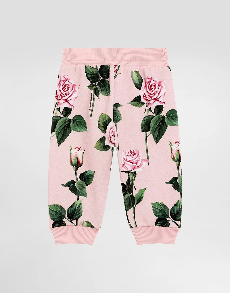 Cotton fleece jogging pants with rose print