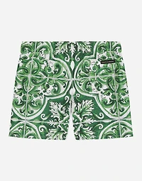 Nylon swim trunks with green majolica print