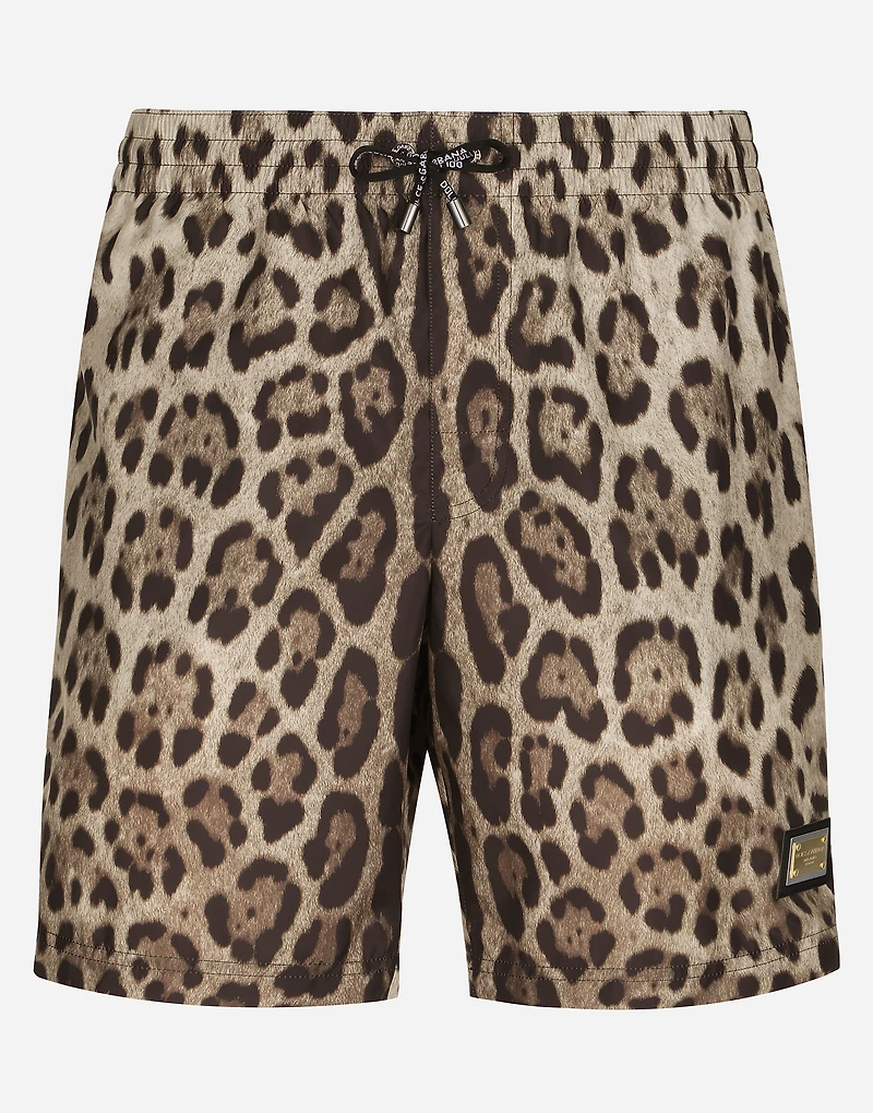 Mid-length swim trunks with leopard print