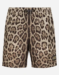 Mid-length swim trunks with leopard print