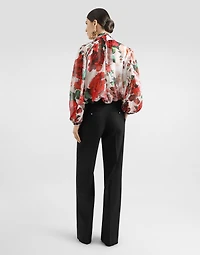 Chiffon pussy-bow blouse with rose print