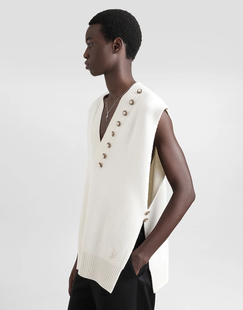 Wool V-neck vest with bejeweled buttons and DG embroidery