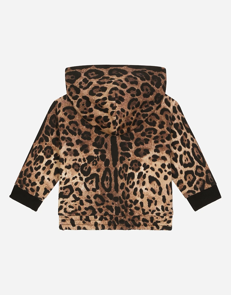 Zip-up jersey hoodie with leopard print