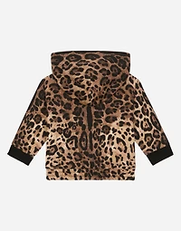 Zip-up jersey hoodie with leopard print