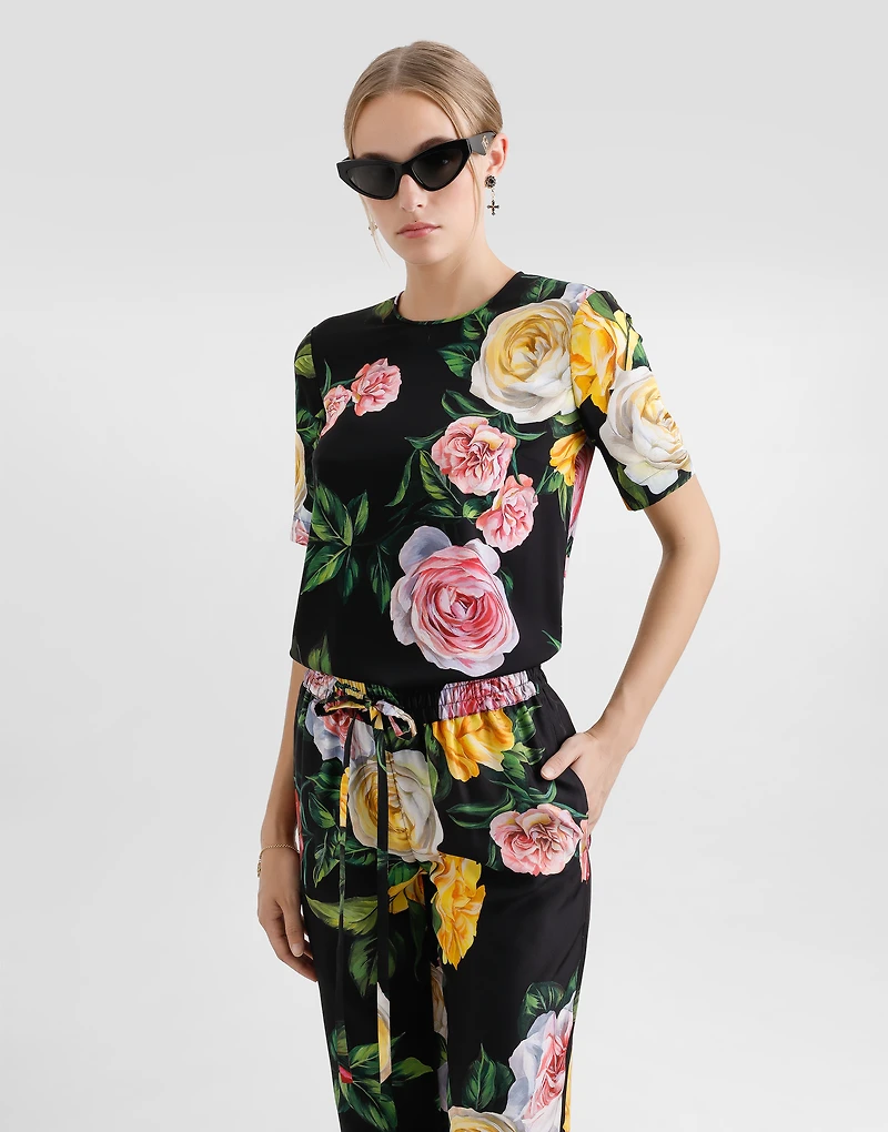 Silk charmeuse blouse with peony and rose print