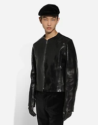 Collarless leather jacket