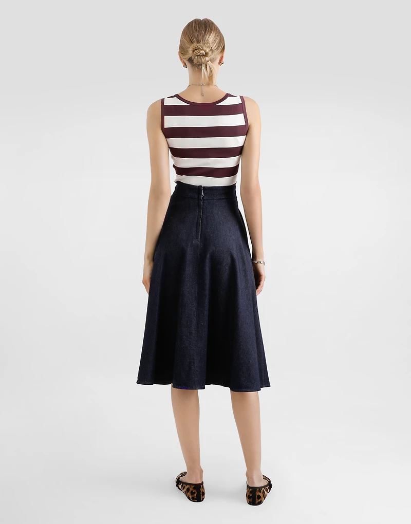 Denim calf-length circle skirt with DG logo pin